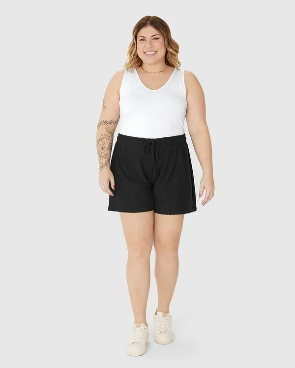 Shorts Feminino Plus Size Cadarço Frontal Em Moletom Texturizado Preto - G1