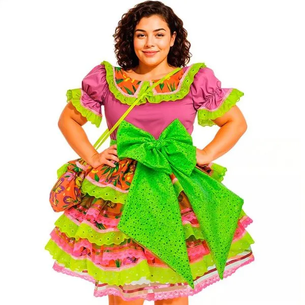 Vestido Festa Junina Plus Size Adulto Feminino de Luxo Super Rodado Com Bolsa GG / Roxo