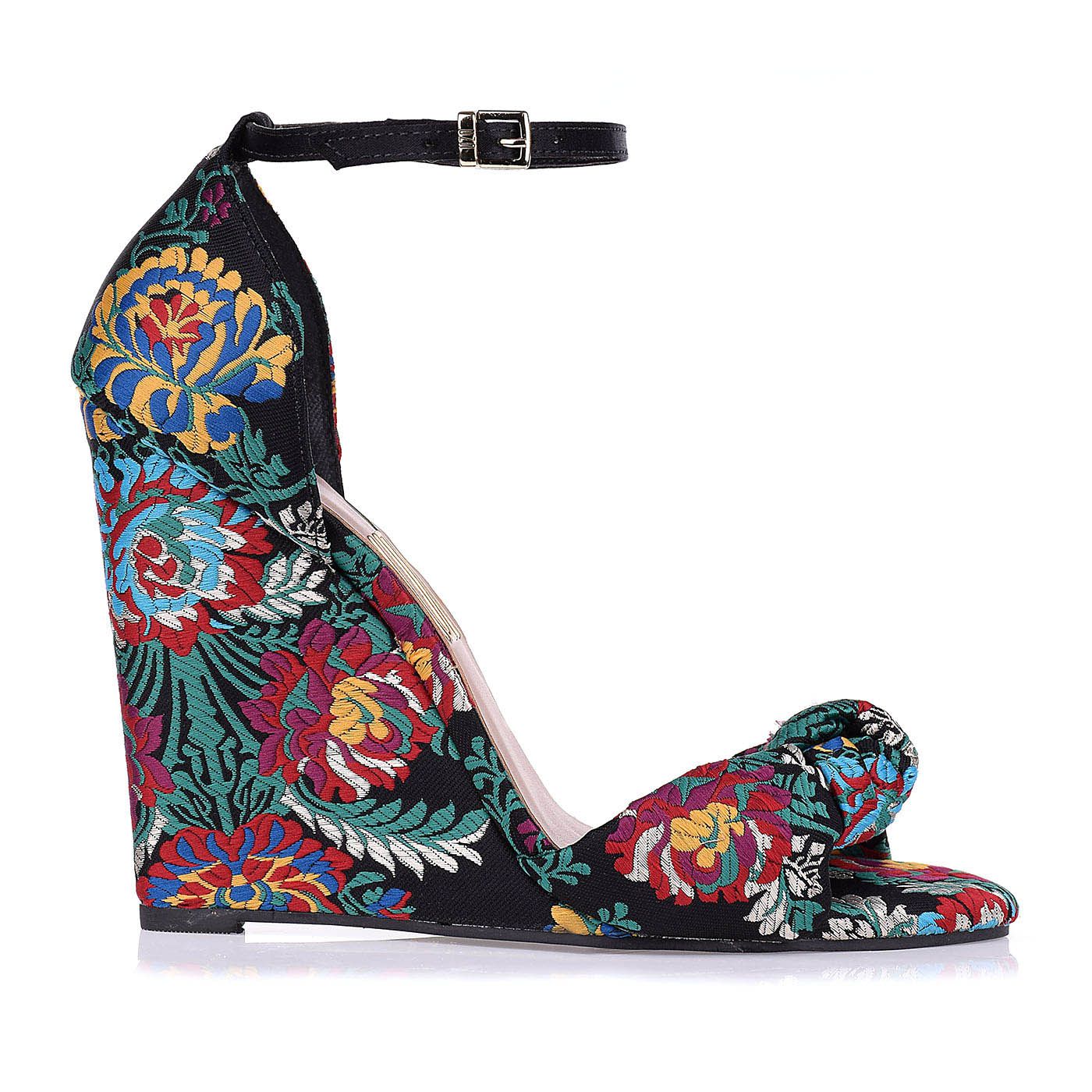 Anabela Salto Alto Jacquard Preto