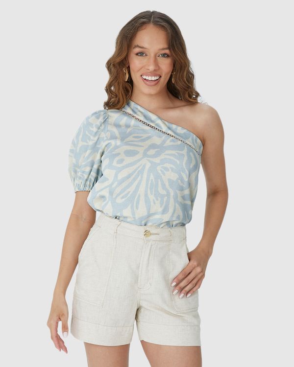 Blusa Feminina Estampada Decote Ombro Só Em Tecido Texturizado Azul - G