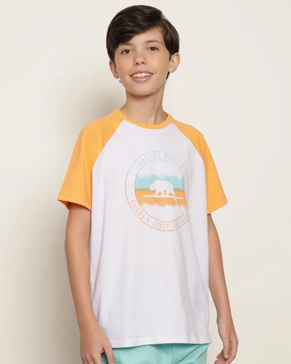 Camiseta Juvenil Estampa Tropical Manga Curta Raglan Branca 16