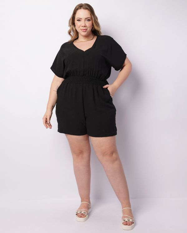 Macaquinho Plus Size Feminino Curto Bolsos Preto G3