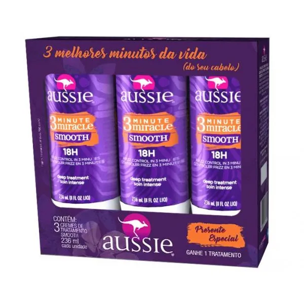 Kit Creme de Tratamento Aussie 3 Minute Miracle Smooth 3 Unidades