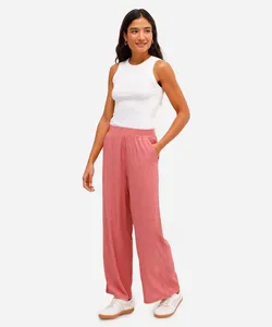 calça wide leg feminina de malha texturizada rosa G