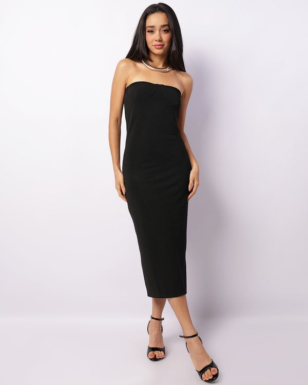 Vestido Feminino Midi Texturizado Tomara Que Caia Preto P