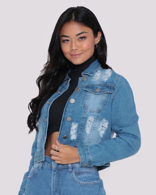 Jaqueta Jeans Feminina Cropped Azul P