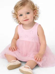 Vestido Cotton Leve Com Tule Infantil Para Bebê- ROSA CLARO P