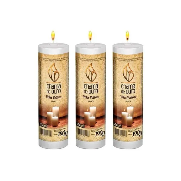Kit com 3 Velas Votiva 5 Dias Premium Branca 190g - Chama de Ouro