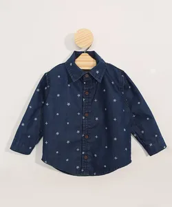 Camisa Infantil Manga Longa Estampada de Estrelas Azul Médio 1