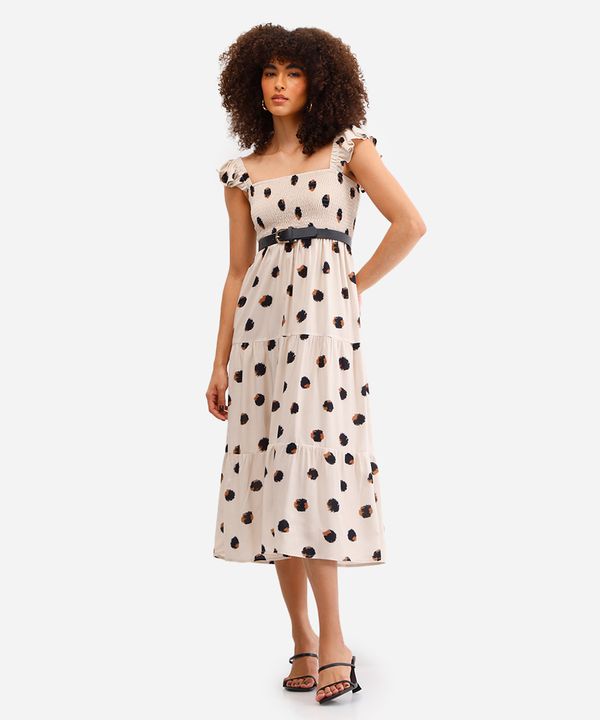 vestido midi feminino de viscose poá bege G