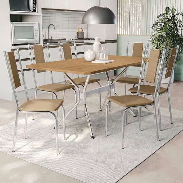 Mesa de Jantar Kappesberg Milano com 6 Cadeiras Estofadas Cromada, Freijó e Capuccin