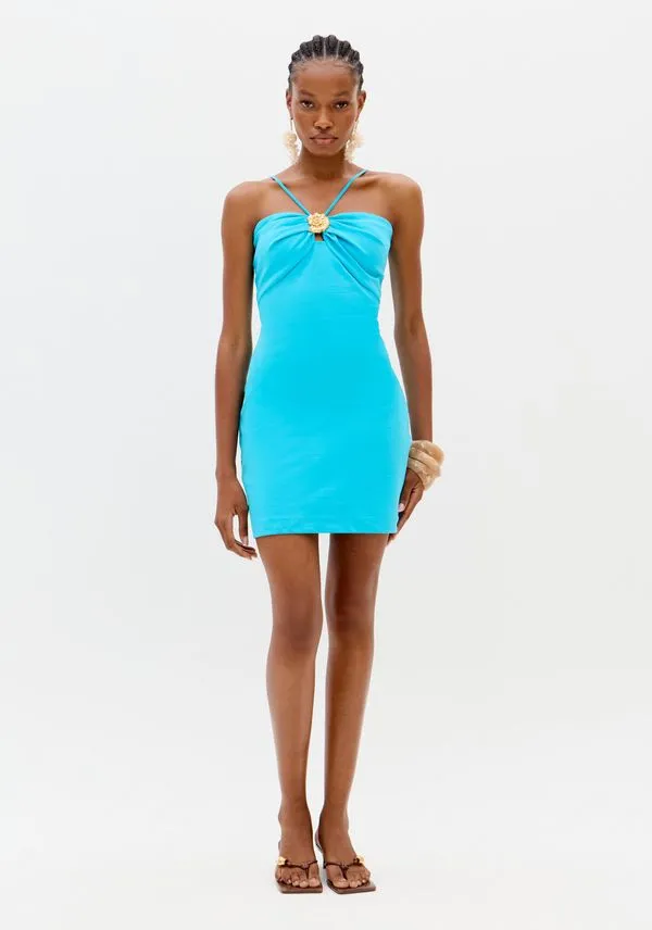 Vestido Curto De Alças Com Aviamento Azul P