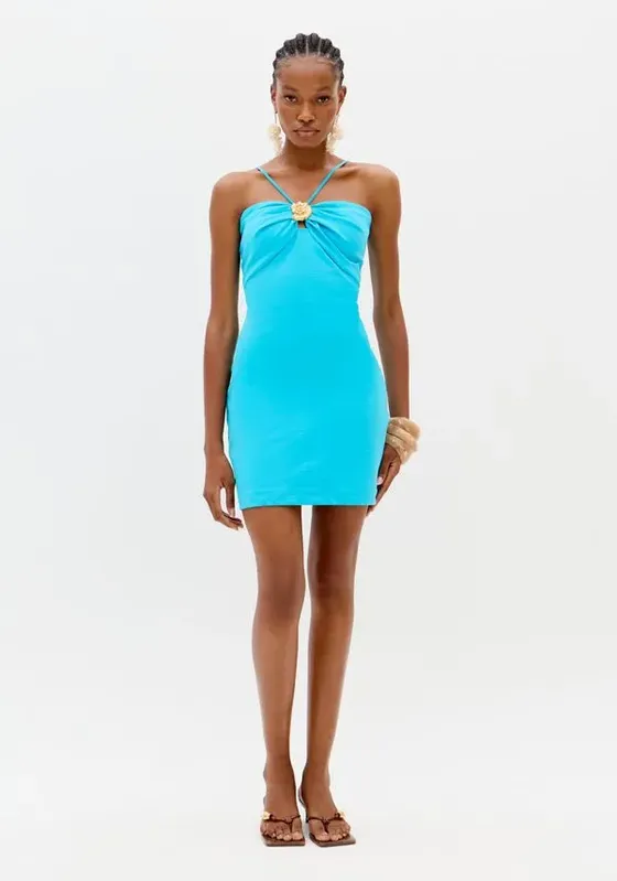 Vestido Curto De Alças Com Aviamento Azul P