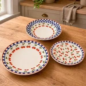 Conjunto de Pratos Cerâmica Jardim Cerejas 18 Peças Raso Fundo Sobremesa para 6 Pessoas Donna Conjunto de Pratos Cerâmica Jardim Cerejas 18 Peças 6 Pessoas Donna