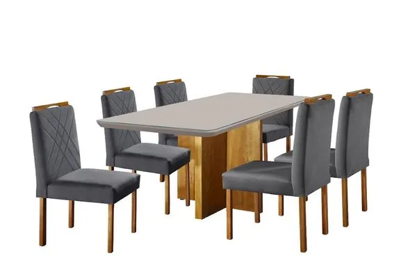 Mesa com 6 Cadeiras Mel Grafite Diamante Vidro Off White - Mundial