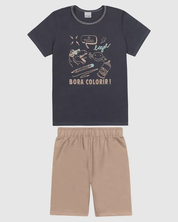 Conjunto Infantil Menino Camiseta Estampa Frontal Em Algodão Malwee Kids Cinza - 8