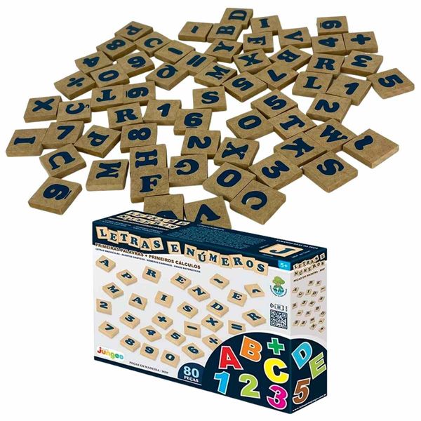 Jogo De Letras e Números 80 Peças Em Madeira - Junges - Alfabeto Móvel Educativo Escolar