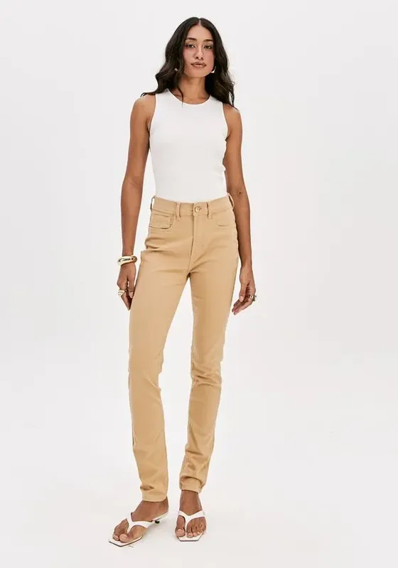 Calça Sarja Skinny Cintura Super Alta Bege 32