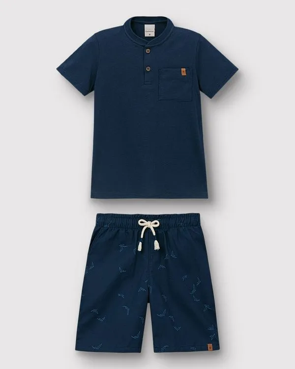 Conjunto Menino Camiseta Peitilho E Bermuda Estampada Em Algodão - Carinhoso Azul - 10