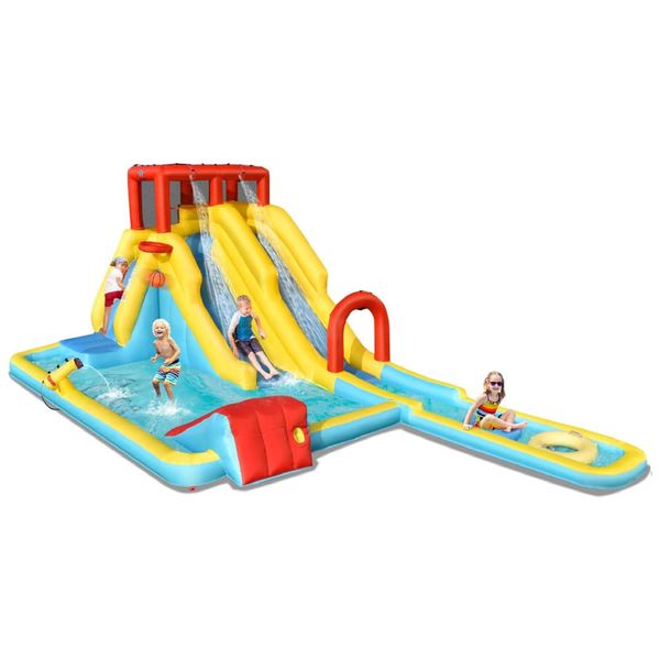 Parque Aquático Inflável até 160 kg com Parede de Escalada, Piscina de Respingos e Tobogã Duplo Longo, BOUNTECH, Colorido