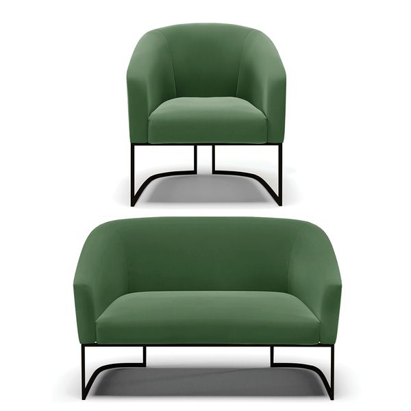 Sofá Namoradeira e Poltrona Base Industrial Preto Stella Suede Verde D03 - D'Rossi