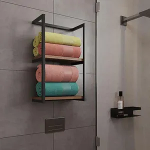 Toalheiro Para Banheiro Estilo Industrial Sahy Preto E Prateleira Imbuia Preto
