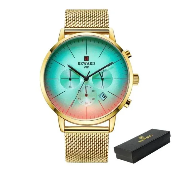 Relógio Marca Superior Luxo Malha Aço Inoxidável Quartzo Reward Dourado