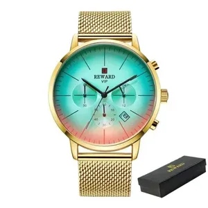 Relógio Marca Superior Luxo Malha Aço Inoxidável Quartzo Reward Dourado
