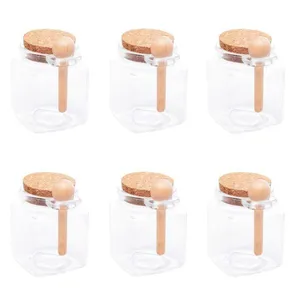 Kit 6 Porta Temperos Quadrado 310 Ml Vidro Com Colher De Bambu E Tampa Rolha Lyor