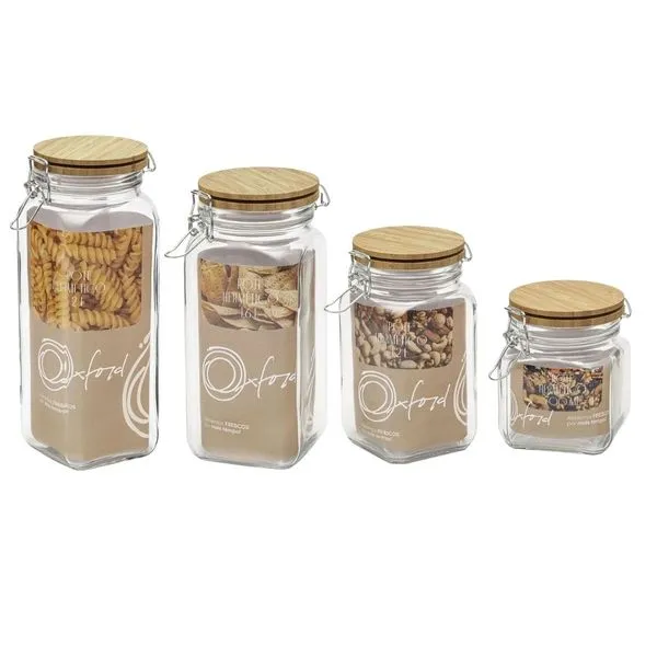 Jogo de 4 Potes Herméticos de Vidro Retrô com Tampa de Bambu Pote Hermético de Vidro Retrô 1,6 L com tampa de Bambu