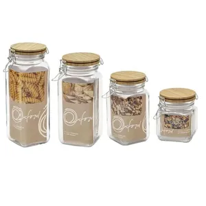 Jogo de 4 Potes Herméticos de Vidro Retrô com Tampa de Bambu Pote Hermético de Vidro Retrô 1,6 L com tampa de Bambu