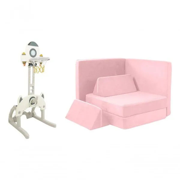 Kit Tabela Basquete Futebol E Sofá De Brincar Infantil Freso Cinza E Rosa