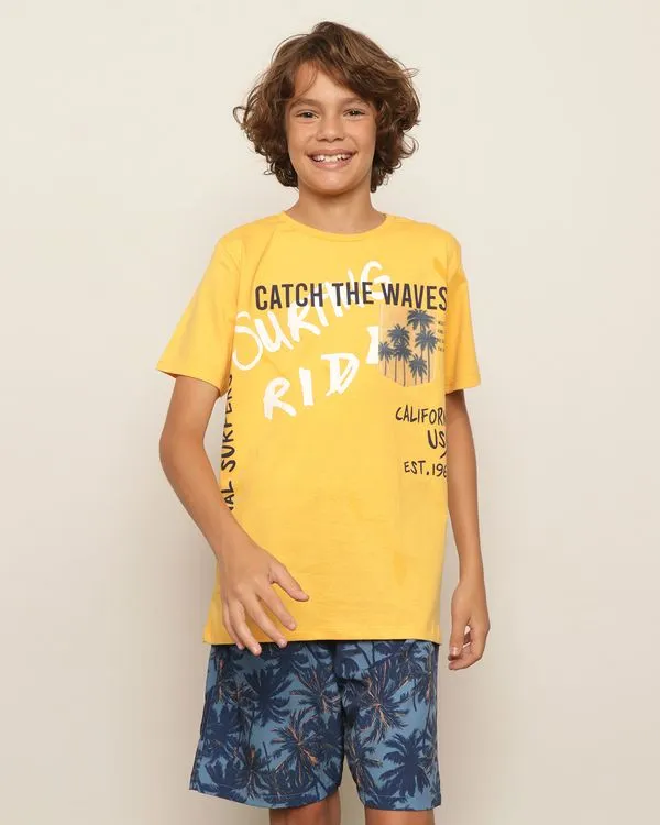 Camiseta Juvenil Estampa Tropical Com Bolso Manga Curta Amarela 14