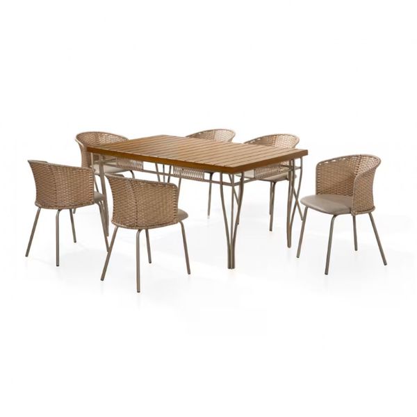 Mesa de Jantar Retangular Aço Nobre Roma com Tampo Ripado e 6 Cadeiras Estofadas Revestidas em Junco Sintético Champanhe