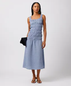 vestido midi feminino com franzidos decote quadrado xadrez mindset colorido G