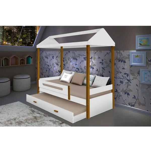 Cama Montessoriana Infantil Sara Solteiro C/ Cama Auxiliar - Branco/Amêndoa - Cor: Branco