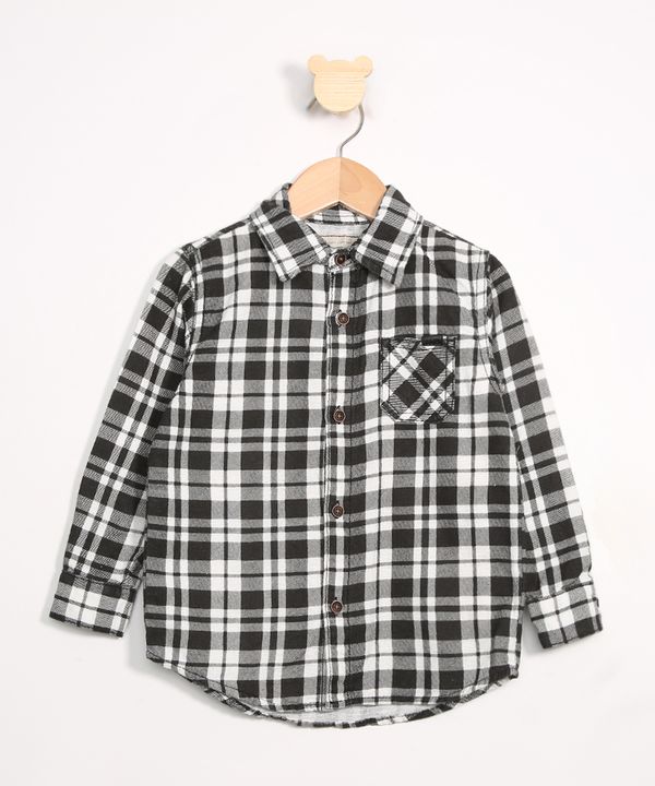 Camisa Infantil de Flanela Estampada Xadrez com Bolsos Preta 12