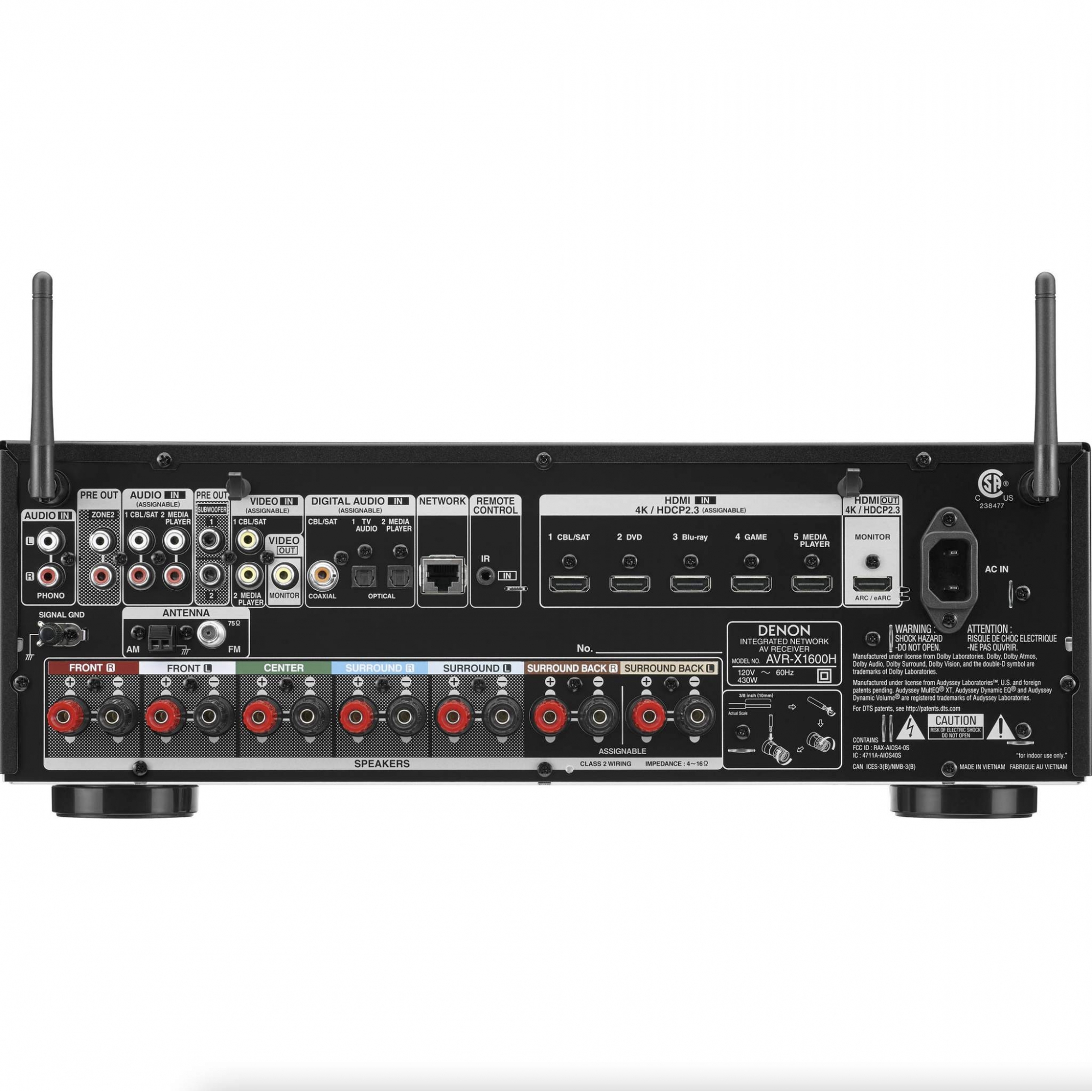 Receiver D e n o n - AVR-X1600H 7.2ch 4K UHD HDR10 Dolby Atmos Bluetooth USB Wifi Zona 2 - Preto/110v