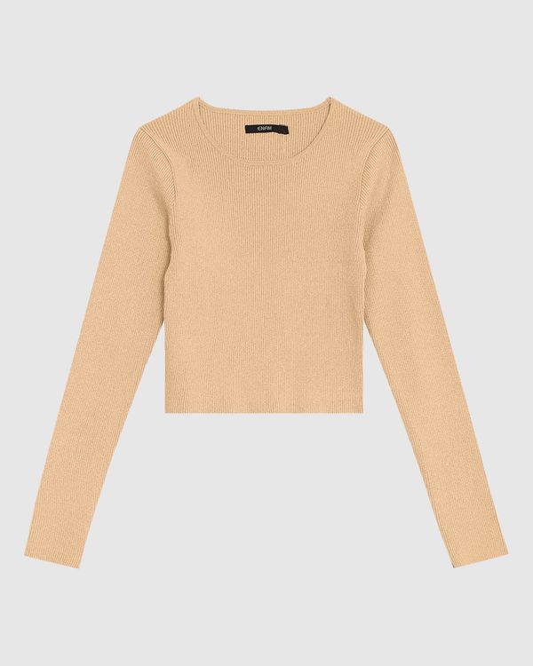 Blusa Cropped Feminina Manga Longa Em Tricô Metalizado - ENFIM Marrom - M