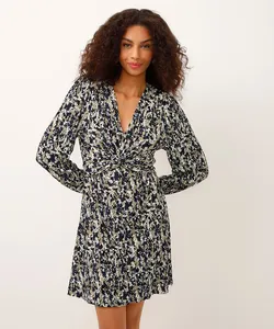 vestido curto decote v manga bufante texturizado azul PP