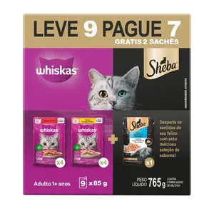 Ração Úmida Whiskas Sachê Gatos Adultos Carne, Frango e Atum Leve 9 Pague 7