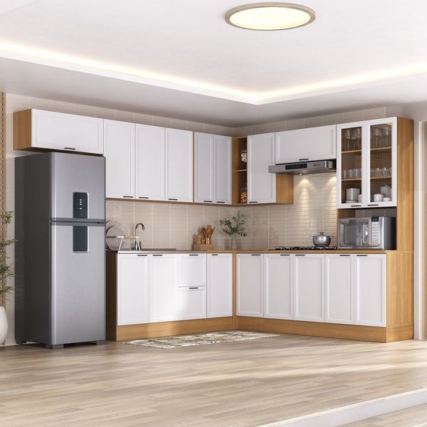 Cozinha Compacta Modulada 10 Peças 5 Aéreos 4 Balcões 1 Paneleiro Duplo Soho CabeCasa MadeiraOriginals Freijó/Branco