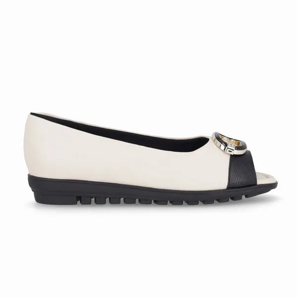 Peep Toe Anabela Baixo Off White com Preto 33
