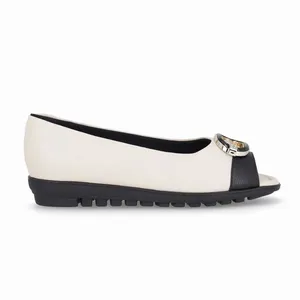 Peep Toe Anabela Baixo Off White com Preto 38