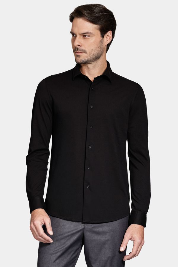 Camisa Manga Longa Slim Piquet de Malha Preto - G