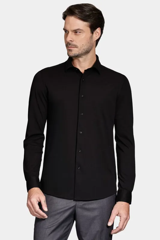 Camisa Manga Longa Slim Piquet de Malha Preto - GG