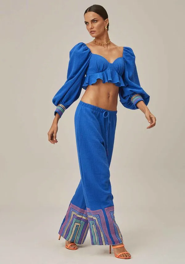 Calça Wide Leg Bordada Azul PP