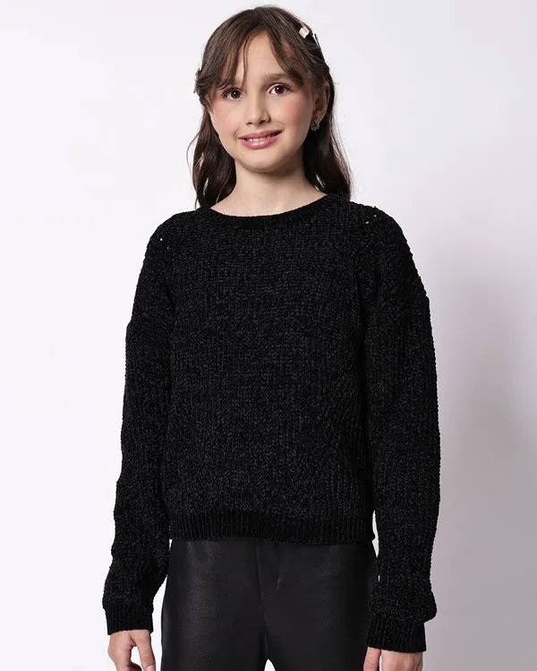 Suéter Juvenil Cropped Tricô Chenille Preto 8