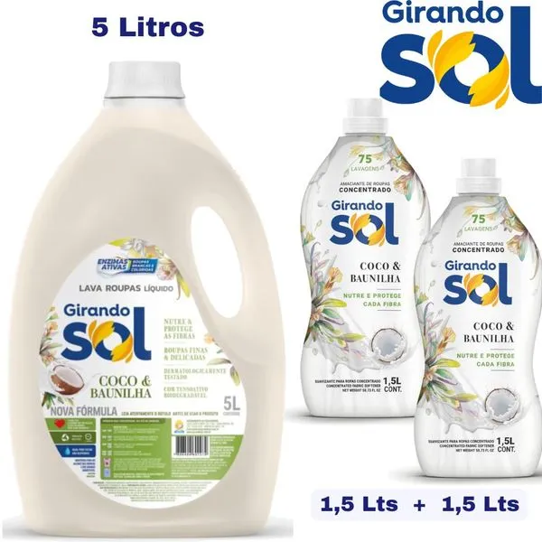 Kit com 1 Lava Roupas 5L + 2 Amaciante Líquido 1,5L Roupas Delicadas Girando Sol Coco e Baunilha