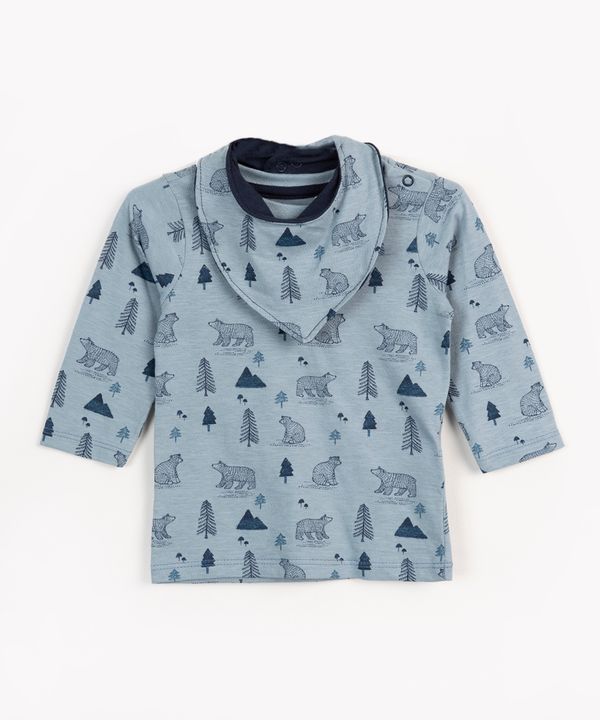 camiseta infantil de algodão manga longa ursos com bandana azul 0-3